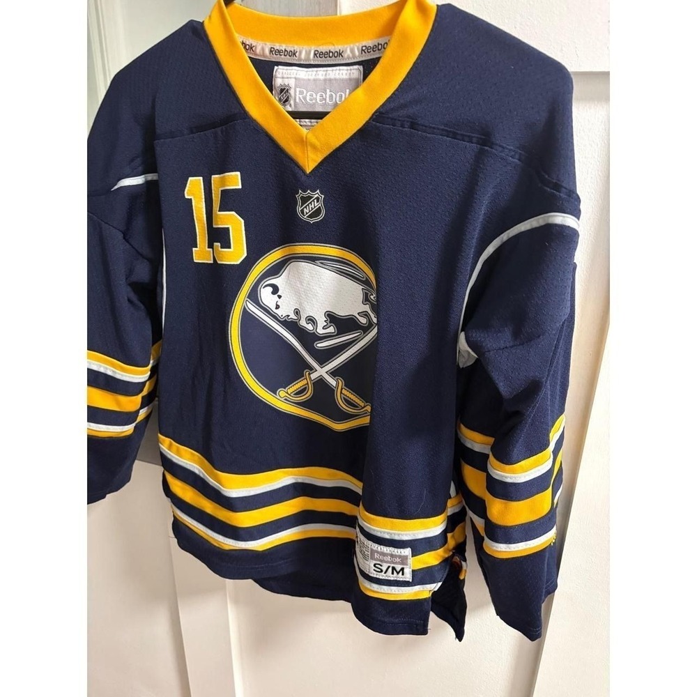 Reebok Buffalo Sabres Jack Eichel 15 NHL Youth Hockey Jersey Navy Blue Gold S/M